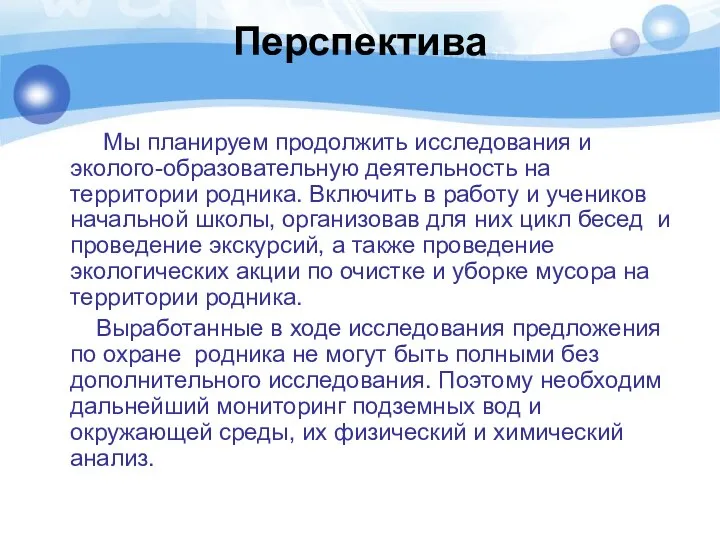 Перспектива Мы планируем продолжить исследования и эколого-образовательную деятельность на территории родника.