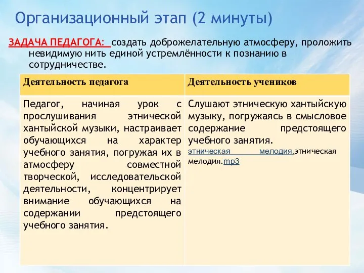 Организационный этап (2 минуты) ЗАДАЧА ПЕДАГОГА: создать доброжелательную атмосферу, проложить невидимую