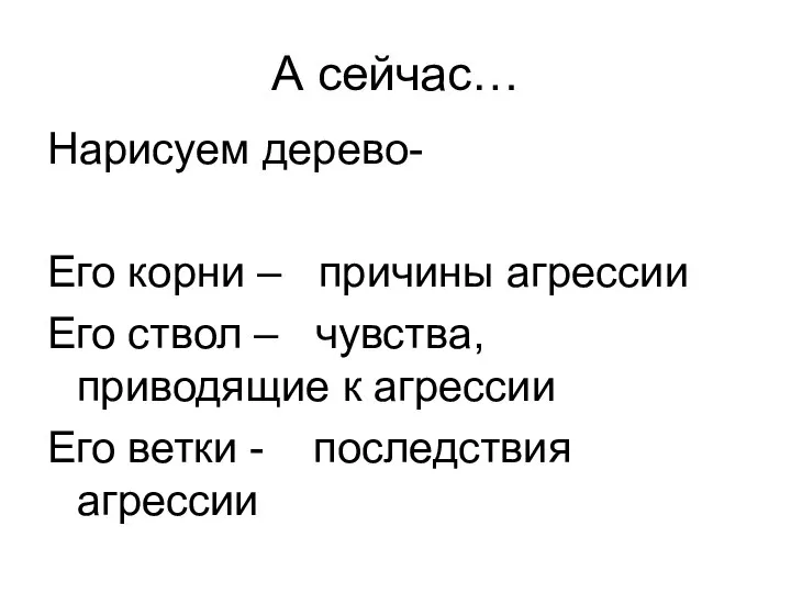 А сейчас… Нарисуем дерево- Его корни – причины агрессии Его ствол