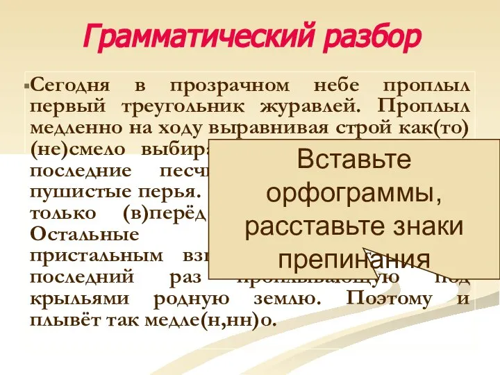 Грамматический разбор Сегодня в прозрачном небе проплыл первый треугольник журавлей. Проплыл