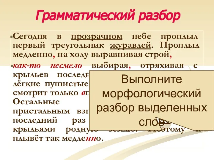 Грамматический разбор Сегодня в прозрачном небе проплыл первый треугольник журавлей. Проплыл