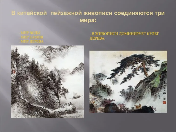 В китайской пейзажной живописи соединяются три мира: . МИР ВОДЫ .