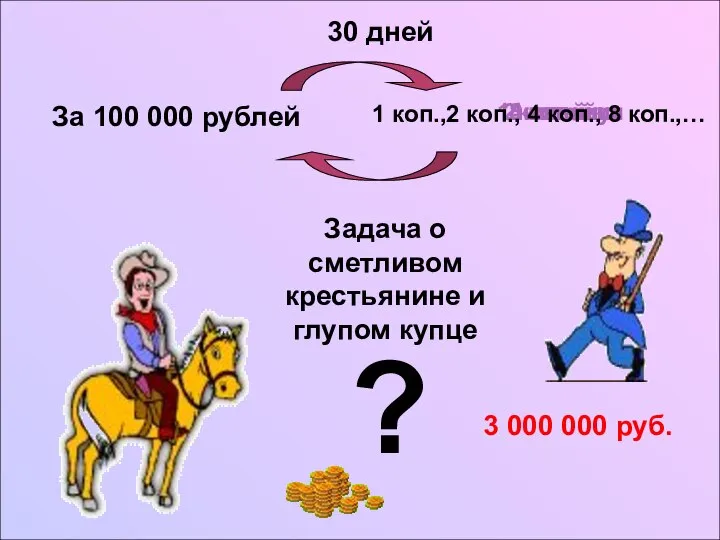 За 100 000 рублей 1 копейку 2 копейки 4 копейки 8