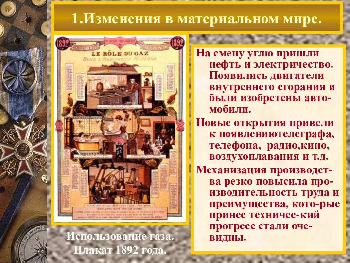 1.Изменения в материальном мире. Использование газа. Плакат 1892 года. На смену