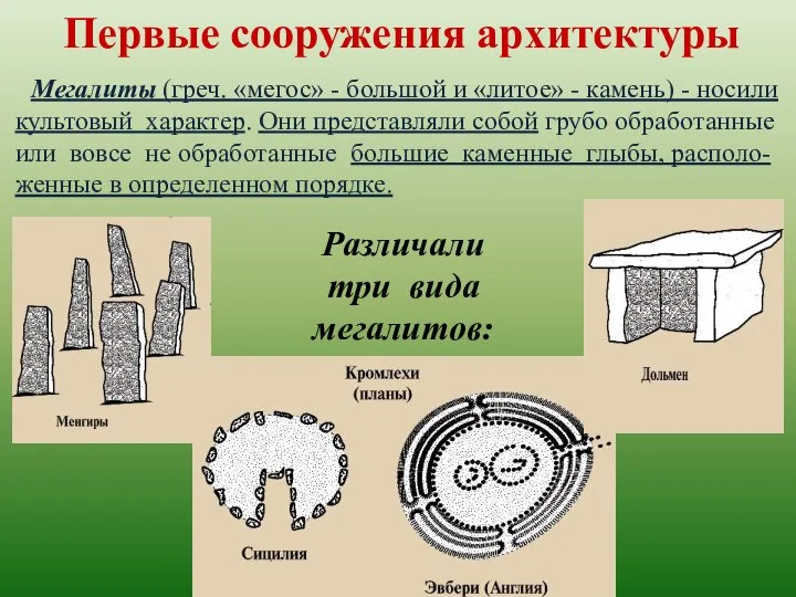 Первые сооружения архитектуры Мегалиты (греч. «мегос» - большой и «литое» -