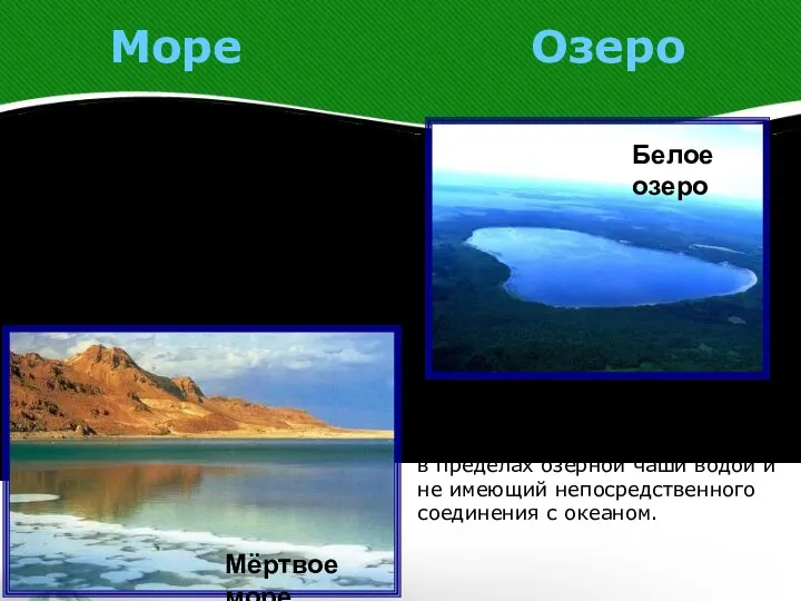 Море Озеро Естественный или искусственно созданный водоём, заполненный в пределах озёрной
