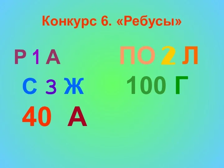 Конкурс 6. «Ребусы» Р 1 А ПО 2 Л С 3 Ж 100 Г 40 А