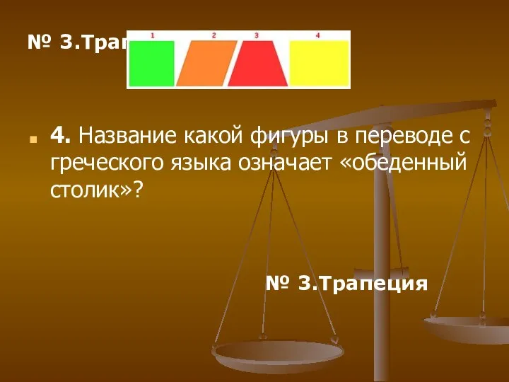 № 3.Трапеция 4. Название какой фигуры в переводе с греческого языка означает «обеденный столик»? № 3.Трапеция