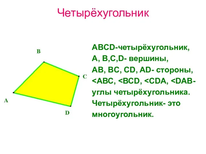 Четырёхугольник ABCD-четырёхугольник, A, B,C,D- вершины, AB, BC, CD, AD- стороны, углы четырёхугольника. Четырёхугольник- это многоугольник.