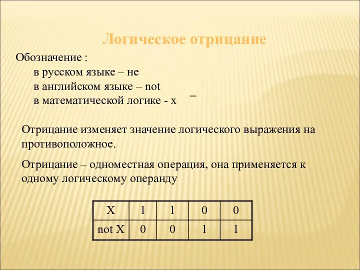 Логическое отрицание Обозначение : в русском языке – не в английском