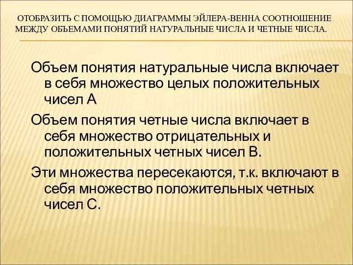 ОТОБРАЗИТЬ С ПОМОЩЬЮ ДИАГРАММЫ ЭЙЛЕРА-ВЕННА СООТНОШЕНИЕ МЕЖДУ ОБЪЕМАМИ ПОНЯТИЙ НАТУРАЛЬНЫЕ ЧИСЛА