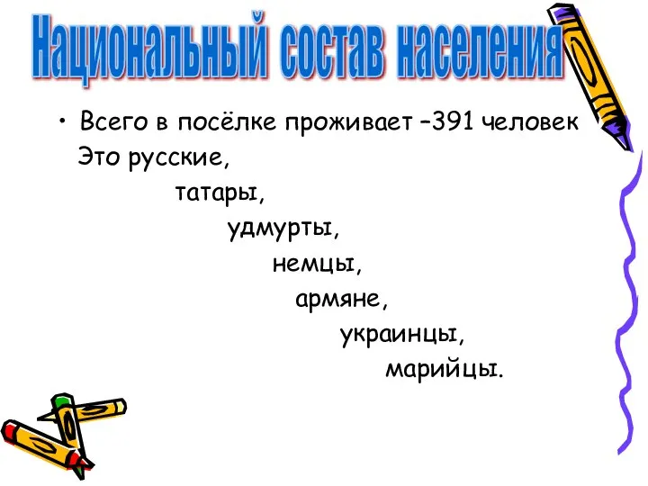 Всего в посёлке проживает –391 человек Это русские, татары, удмурты, немцы,