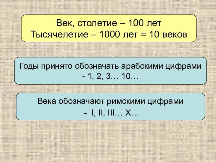 Век, столетие – 100 лет Тысячелетие – 1000 лет = 10