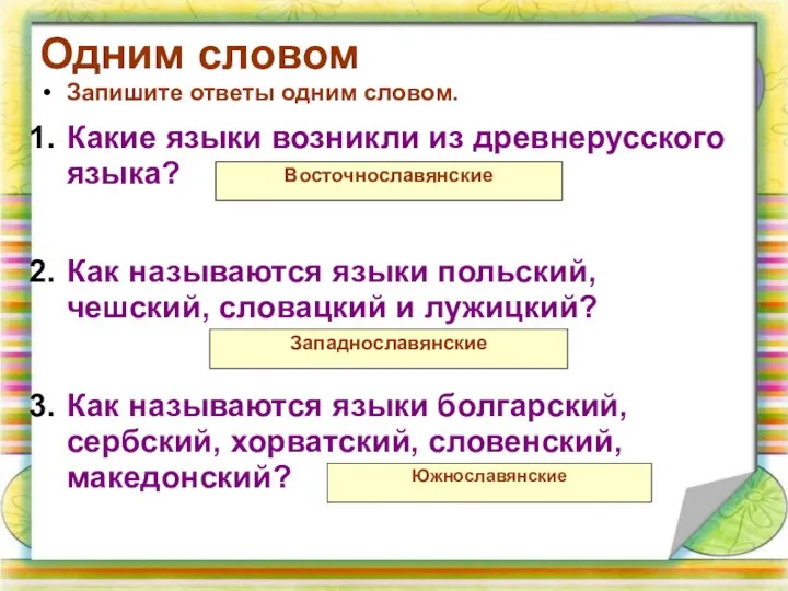 Одним словом Запишите ответы одним словом. Какие языки возникли из древнерусского