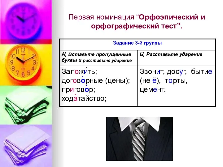 Первая номинация “Орфоэпический и орфографический тест”.