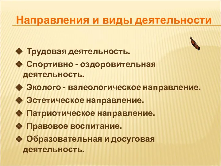 Трудовая деятельность. Спортивно - оздоровительная деятельность. Эколого - валеологическое направление. Эстетическое