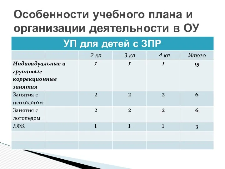 Особенности учебного плана и организации деятельности в ОУ