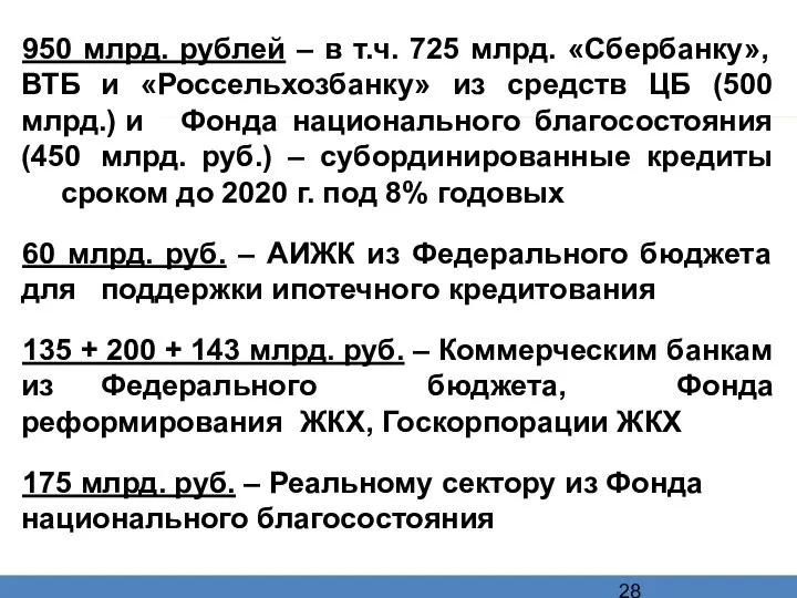 950 млрд. рублей – в т.ч. 725 млрд. «Сбербанку», ВТБ и