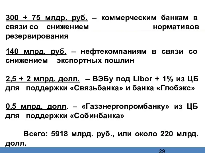 300 + 75 млдр. руб. – коммерческим банкам в связи со