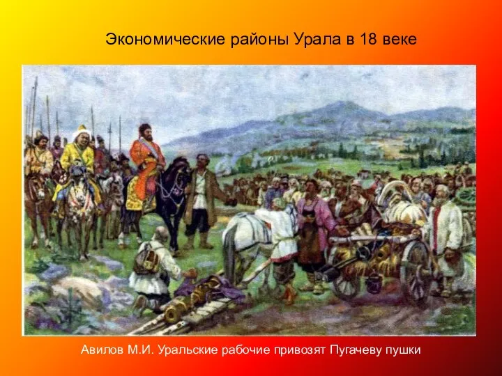 Экономические районы Урала в 18 веке Авилов М.И. Уральские рабочие привозят Пугачеву пушки