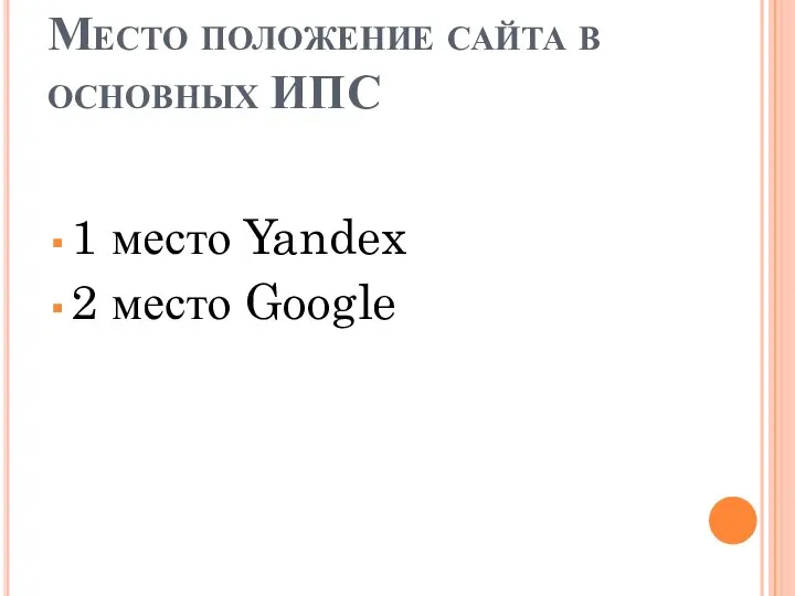 Место положение сайта в основных ИПС 1 место Yandex 2 место Google
