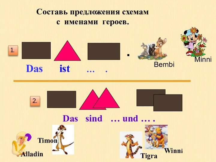 Составь предложения схемам с именами героев. Alladin Winni Bembi Tigra Minni