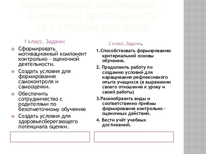 ФОРМИРОВАНИЕ КОНТРОЛЬНО – ОЦЕНОЧНОЙ ДЕЯТЕЛЬНОСТИ НА 1 СТУПЕНИ ОБУЧЕНИЯ 1 класс.