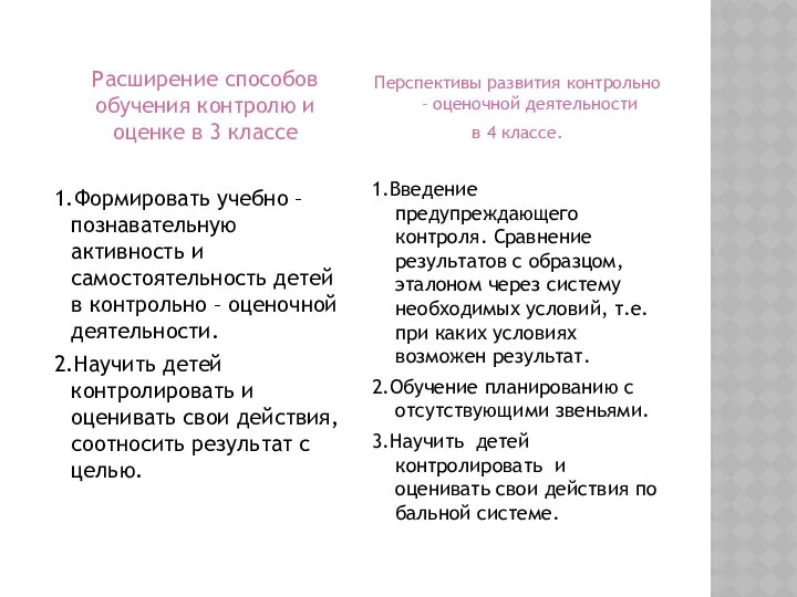 Расширение способов обучения контролю и оценке в 3 классе 1.Формировать учебно