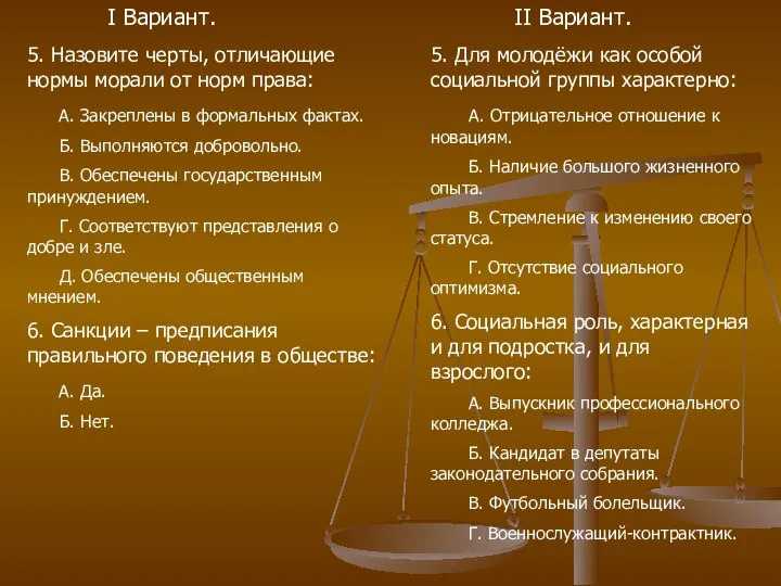 I Вариант. II Вариант. 5. Назовите черты, отличающие нормы морали от