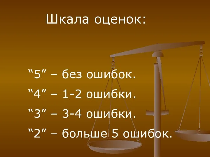 “5” – без ошибок. “4” – 1-2 ошибки. “3” – 3-4