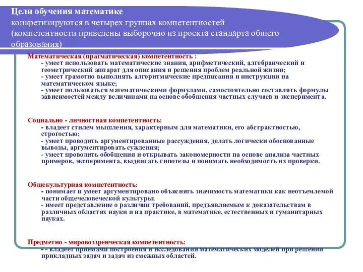 Цели обучения математике конкретизируются в четырех группах компетентностей (компетентности приведены выборочно