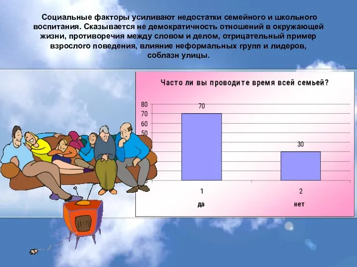 Социальные факторы усиливают недостатки семейного и школьного воспитания. Сказывается не демократичность