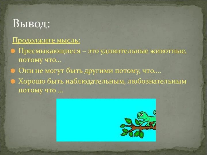 Продолжите мысль: Пресмыкающиеся – это удивительные животные, потому что… Они не