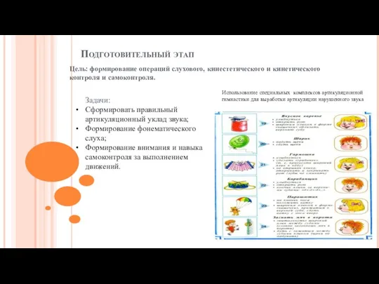 Подготовительный этап Цель: формирование операций слухового, кинестетического и кинетического контроля и