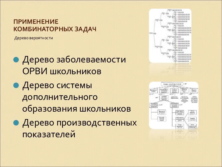 ПРИМЕНЕНИЕ КОМБИНАТОРНЫХ ЗАДАЧ Дерево вероятности Дерево заболеваемости ОРВИ школьников Дерево системы