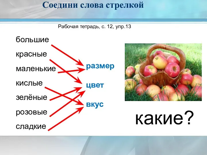 Соедини слова стрелкой Рабочая тетрадь, с. 12, упр.13 большие красные маленькие