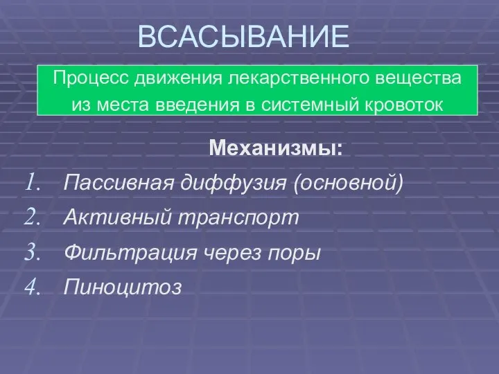 ВСАСЫВАНИЕ Механизмы: Пассивная диффузия (основной) Активный транспорт Фильтрация через поры Пиноцитоз