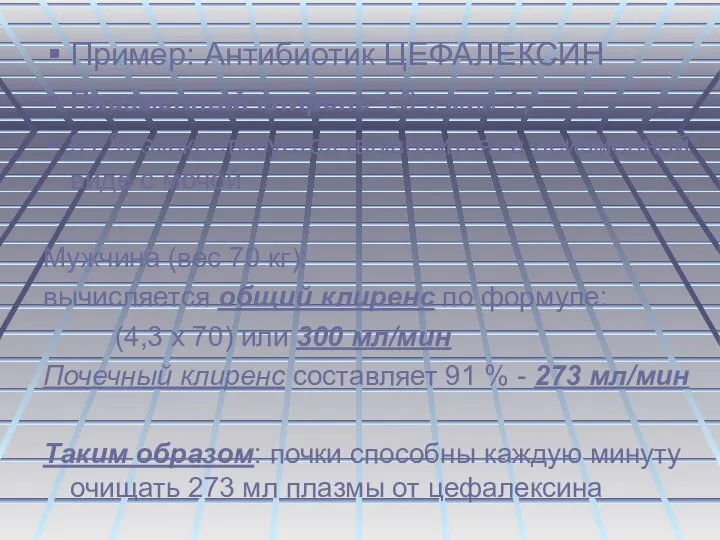 Пример: Антибиотик ЦЕФАЛЕКСИН Плазменный клиренс 4,3 х мин-1, 91 % экскретируется