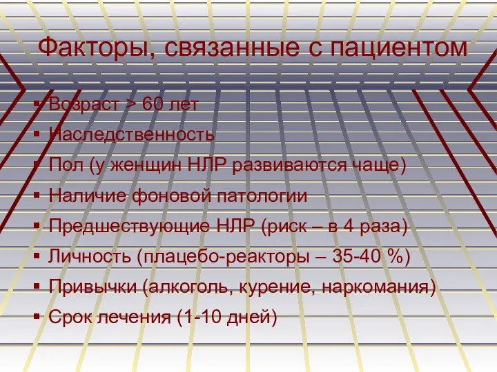 Факторы, связанные с пациентом Возраст > 60 лет Наследственность Пол (у