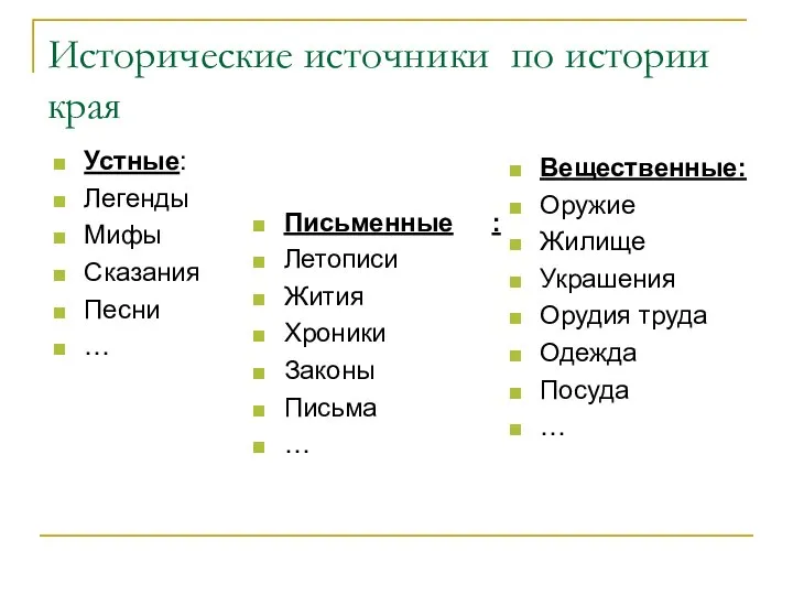 Исторические источники по истории края Вещественные: Оружие Жилище Украшения Орудия труда