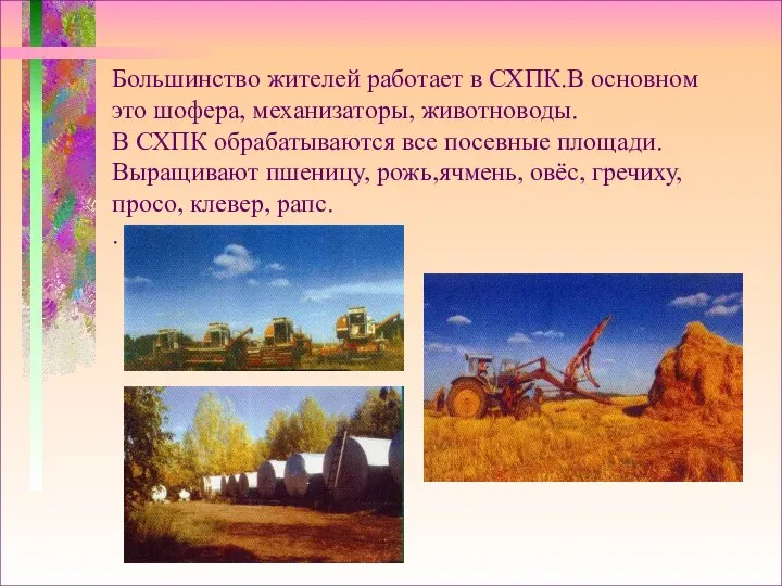 Большинство жителей работает в СХПК.В основном это шофера, механизаторы, животноводы. В