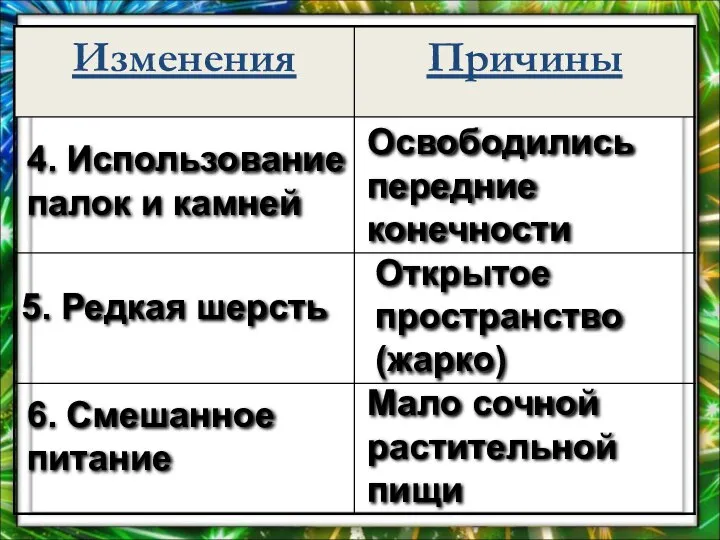 Освободились передние конечности 4. Использование палок и камней 5. Редкая шерсть