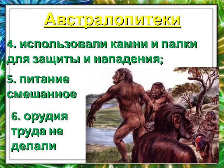 Австралопитеки 4. использовали камни и палки для защиты и нападения; 5.