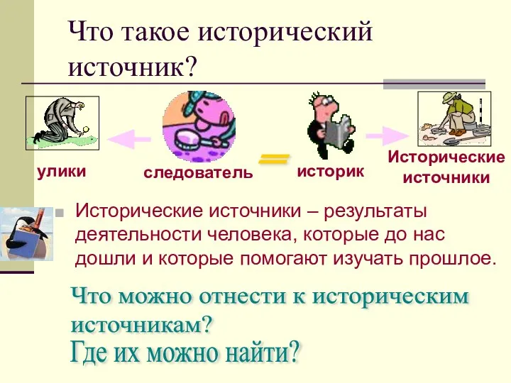 Что такое исторический источник? Исторические источники – результаты деятельности человека, которые