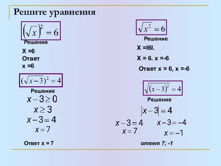 Решите уравнения Решение Решение Решение Решение Х =6 Ответ х =6
