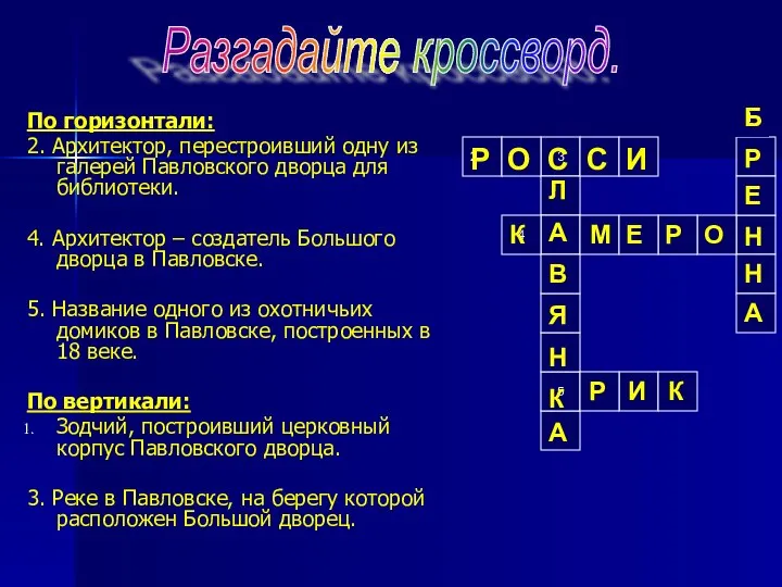 По горизонтали: 2. Архитектор, перестроивший одну из галерей Павловского дворца для