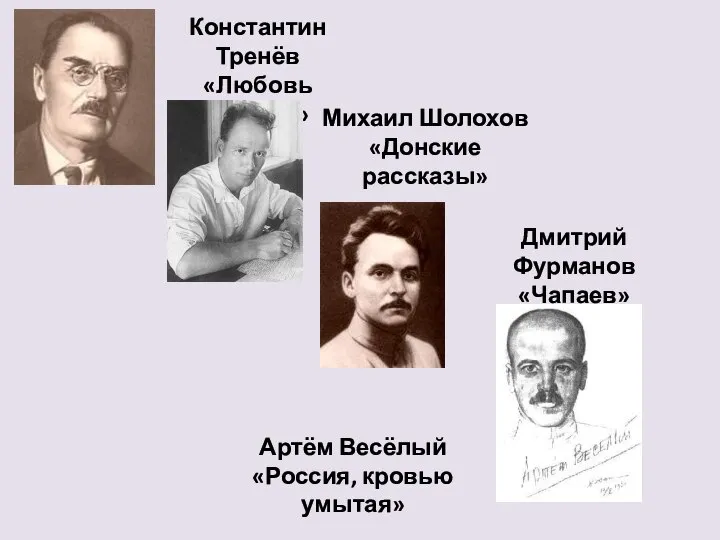 Константин Тренёв «Любовь Яровая» Михаил Шолохов «Донские рассказы» Дмитрий Фурманов «Чапаев» Артём Весёлый «Россия, кровью умытая»