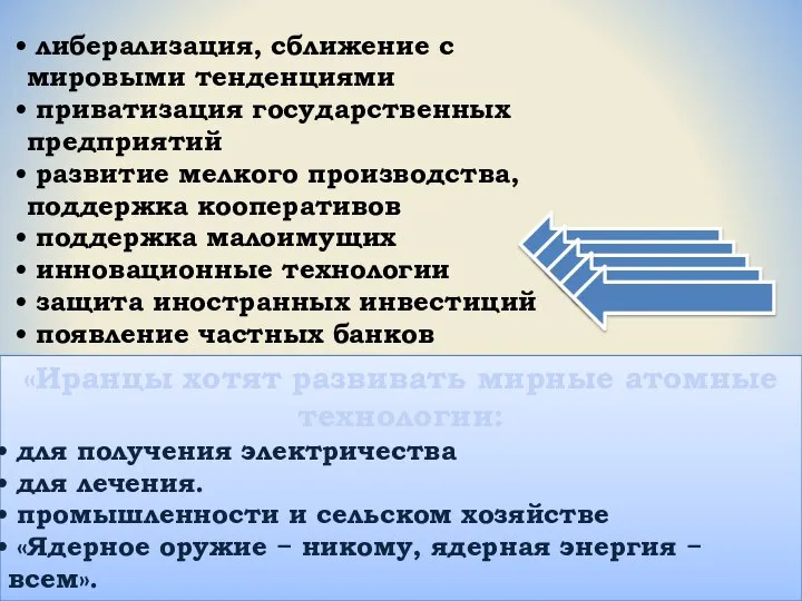 либерализация, сближение с мировыми тенденциями приватизация государственных предприятий развитие мелкого производства,