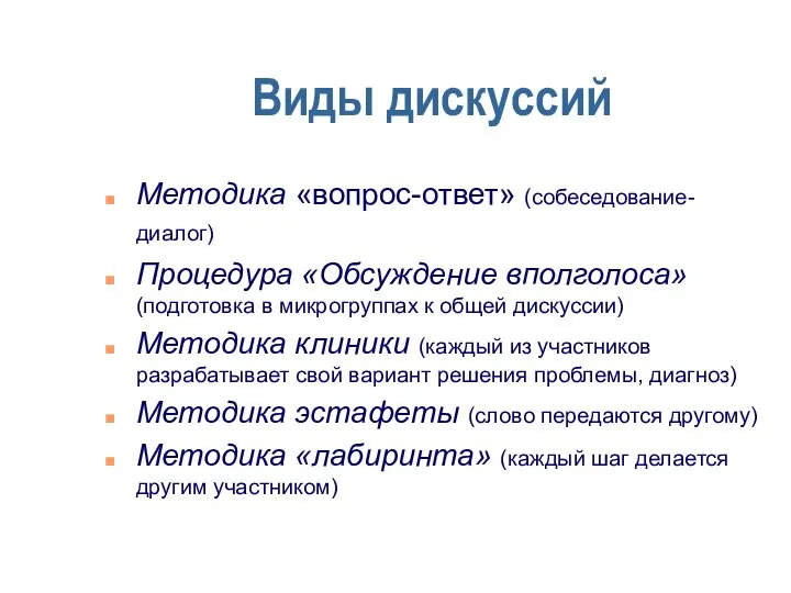 Виды дискуссий Методика «вопрос-ответ» (собеседование-диалог) Процедура «Обсуждение вполголоса» (подготовка в микрогруппах