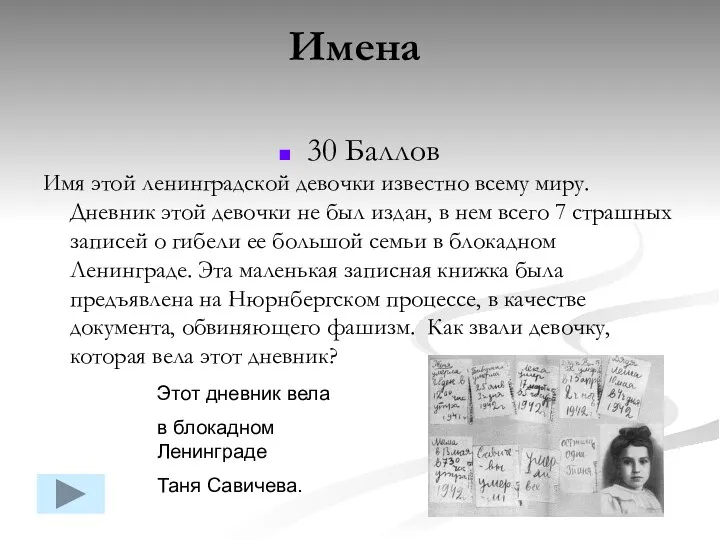 30 Баллов Имя этой ленинградской девочки известно всему миру. Дневник этой